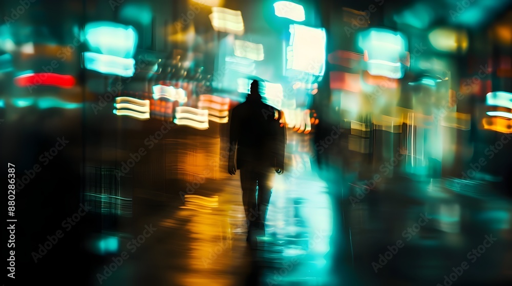Fototapeta premium Silhouetted Figure Walking at Night with Blurred Abstract Lighting and Motion Perspective
