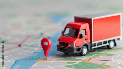 Travel management interface with drop points, vehicle tracking, transportation logistics, copy space, objects in focus, deep depth of field. photo