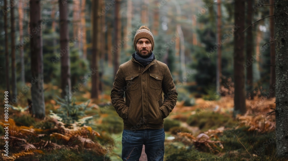 Determined Environmentalist Standing in Forest with Hands in Pockets Determined Environmentalist Standing in Forest with Hands in Pockets