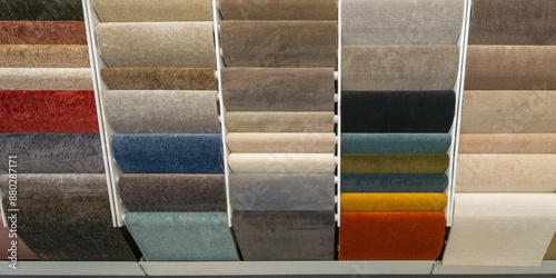 Colorful floor carpet display samples on store exhibition for shop retail photo