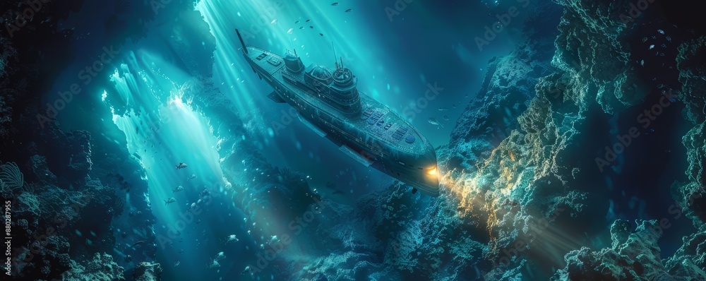 A submarine exploring the depths of the ocean, its lights illuminating the strange and beautiful creatures that live there. A submarine exploring the depths of the ocean, its lights illuminating the strange and beautiful creatures that live there.
