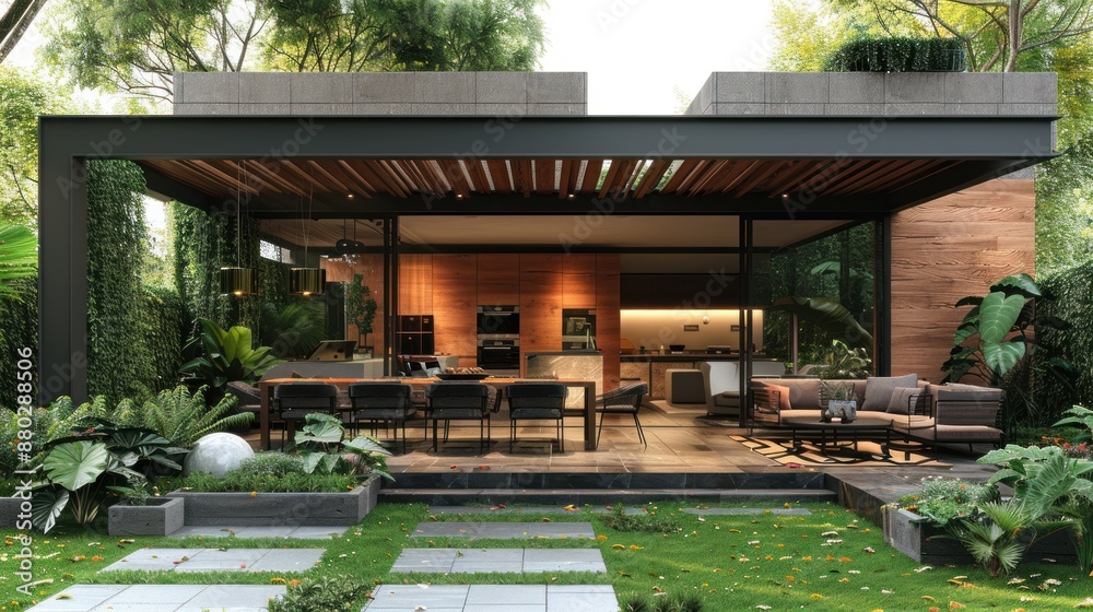 Modern House with Patio and Lush Greenery Modern House with Patio and Lush Greenery
