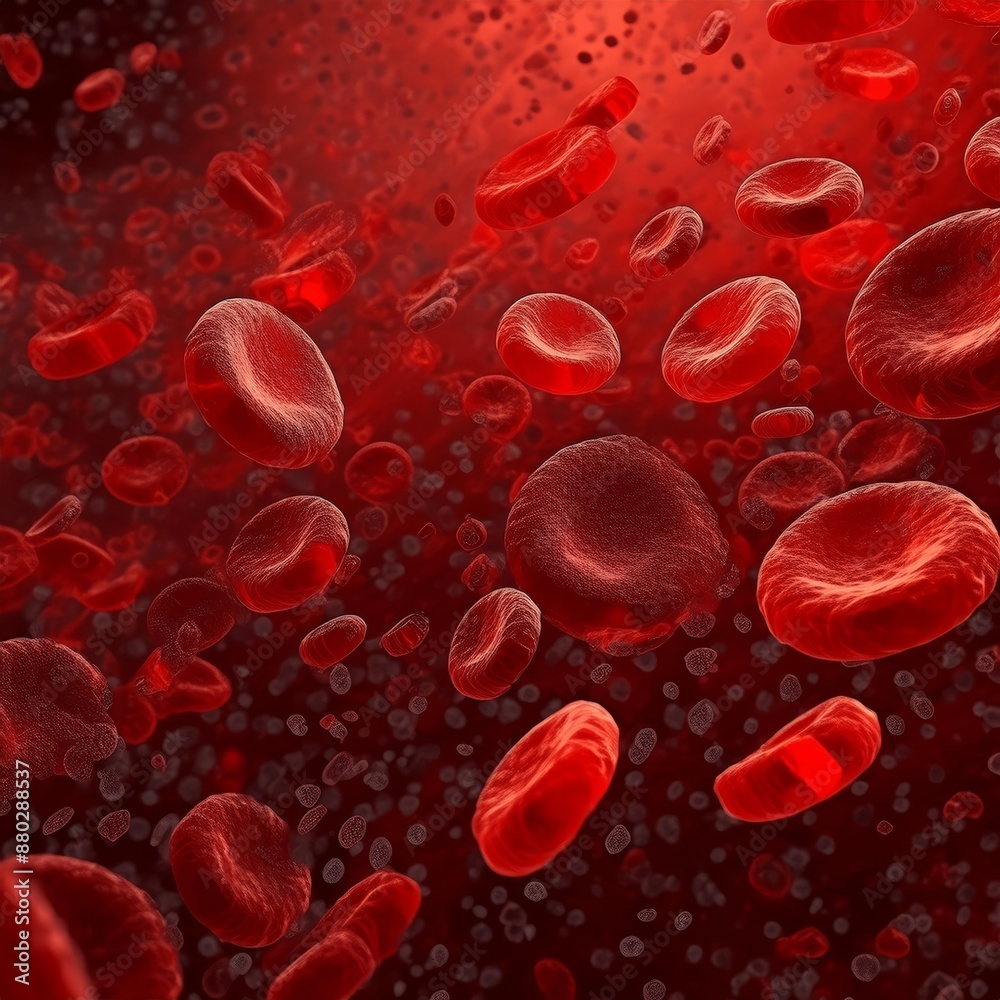 Fototapeta premium Microscopic Enlargement of Blood Cells - Blood Cell flowing through Human Body, Organ or Artery - Red Blood Cells in Lifeforms - Health, Anatomy, Organisms, Medication in Science and Biology