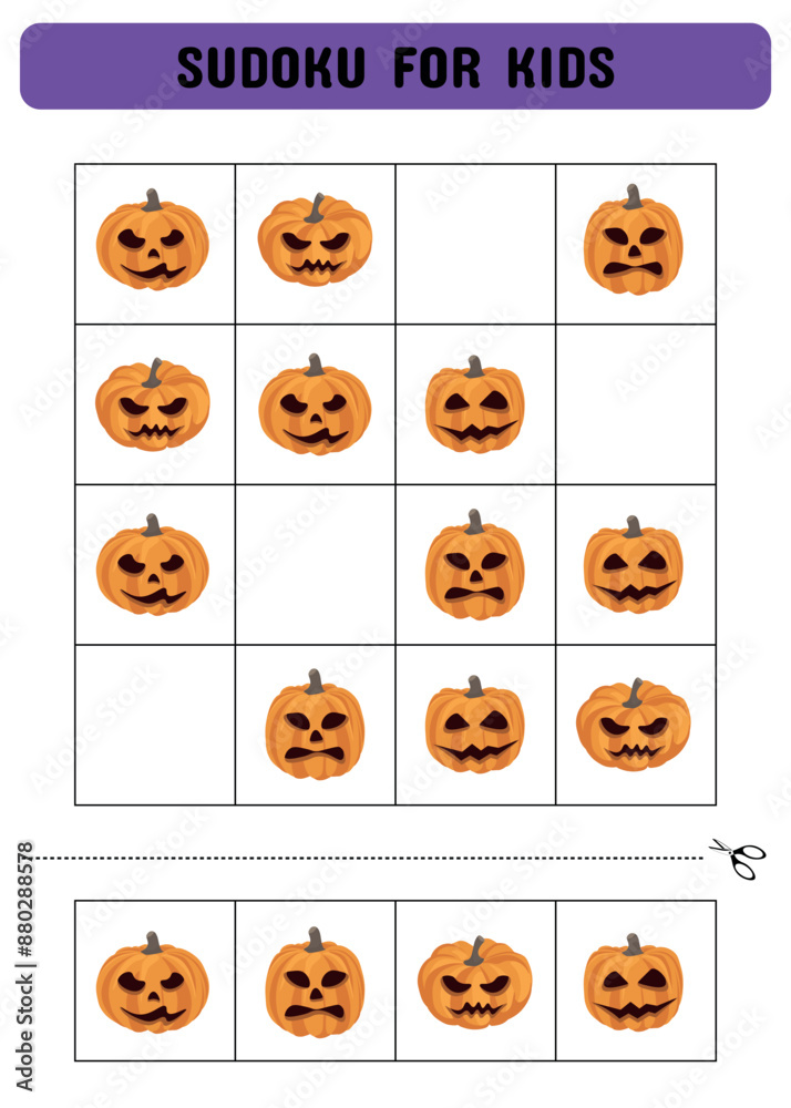 Sudoku for kids with Halloween pumpkins. A simple logic game. Cut and glue. Printable sheet. Vector illustration Sudoku for kids with Halloween pumpkins. A simple logic game. Cut and glue. Printable sheet. Vector illustration
