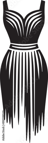 A black and white dress with vertical stripes. The dress has a waistband and a flared skirt.