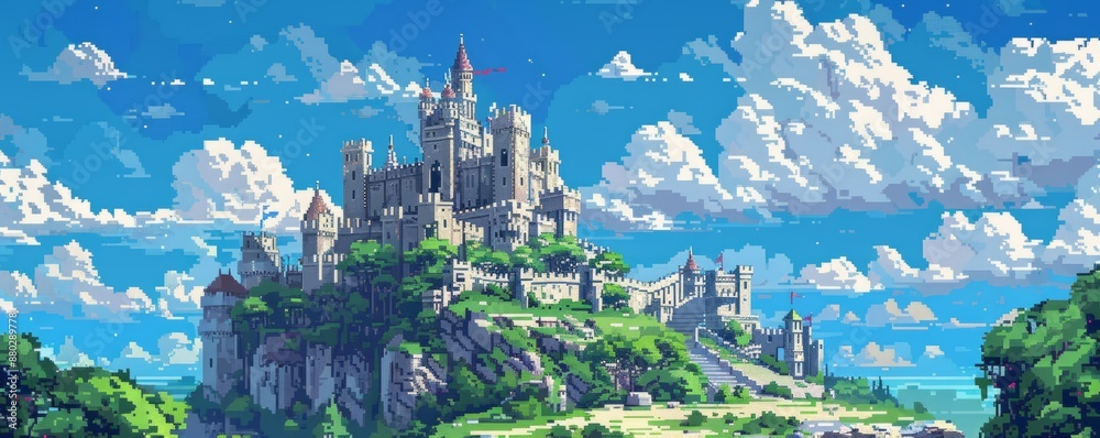 Fototapeta premium A pixel art rendition of a majestic castle perched atop a hill, its pixelated towers reaching towards the sky.