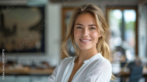 Smiling Woman in White Shirt, Indoor Portrait