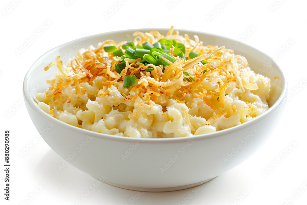 a bowl of macaroni and cheese with a sprinkled green onion a bowl of macaroni and cheese with a sprinkled green onion