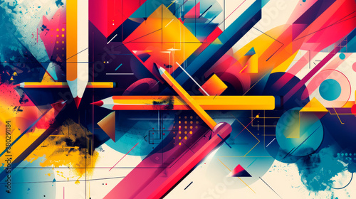 Abstract design featuring school supplies in bright colors, arranged creatively to evoke a sense of excitement and energy, perfect for back-to-school concepts.
