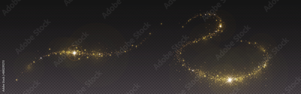 Magic gold dust trail with star shaped sparkles on dark transparent background. Realistic vector illustration of circle and wave path of shine glitter and shimmer particles. Can be used as png.