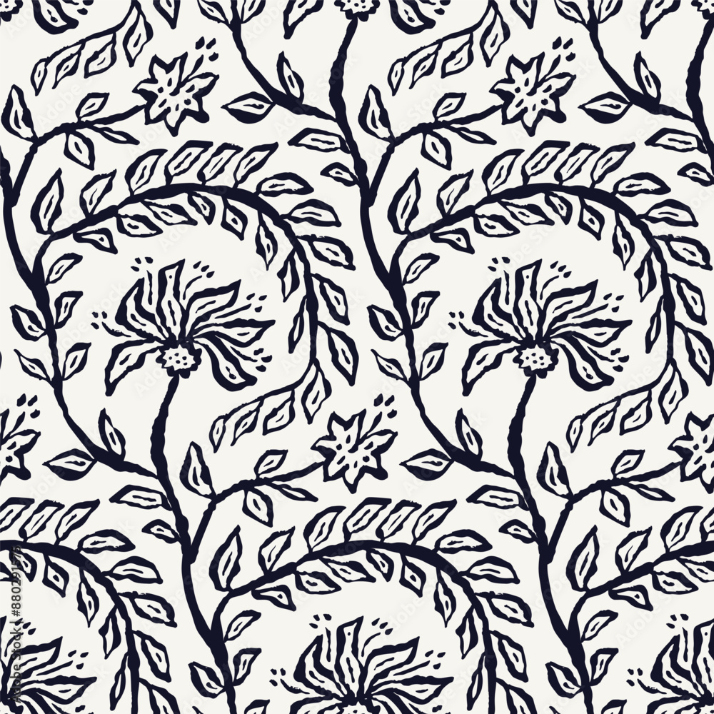 Monochrome black and white brush strokes inky flowers and leaves seamless pattern. Abstract floral contemporary background.