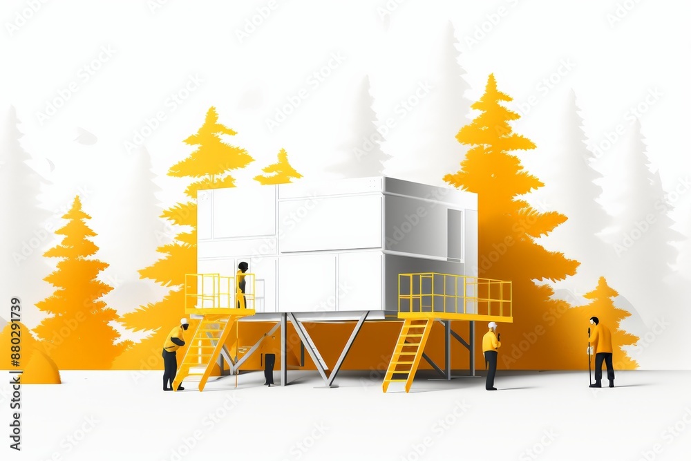 Construction workers installing modular structures elevated on metal ...