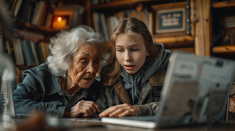 Grandmother and Granddaughter Using Laptop Together. An elderly woman and a young girl using a laptop together in a cozy room, showcasing intergenerational learning and digital bonding. Grandmother and Granddaughter Using Laptop Together. An elderly woman and a young girl using a laptop together in a cozy room, showcasing intergenerational learning and digital bonding.