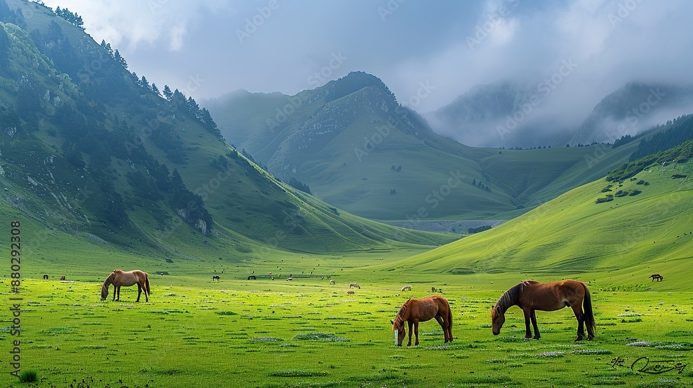 Obraz premium Horses Grazing in a Mountain Meadow