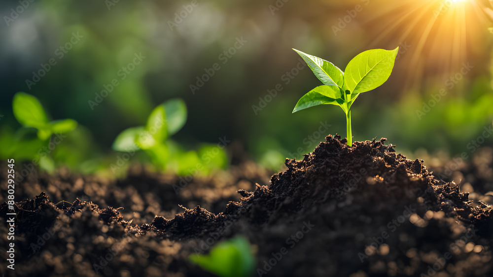 Fototapeta premium A small plant is growing in the dirt