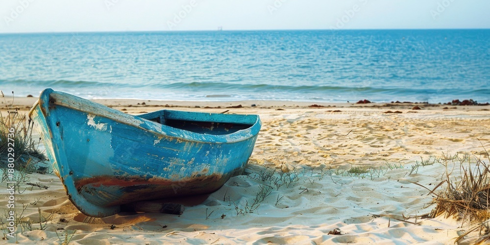 Naklejka premium A blue boat sits on the shore of a sandy beach, ready for adventure