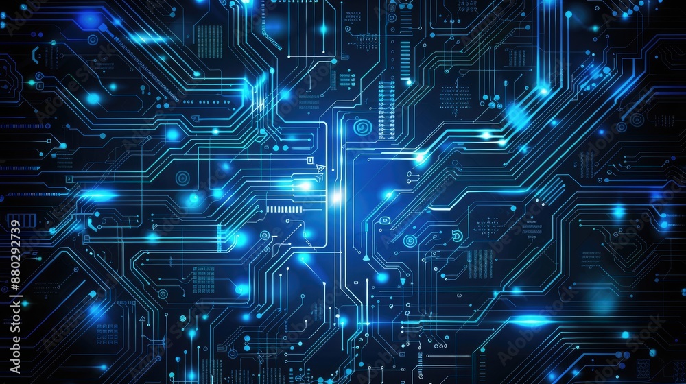 High-tech circuit board design in blue, ideal for technology presentations. High-tech circuit board design in blue, ideal for technology presentations.