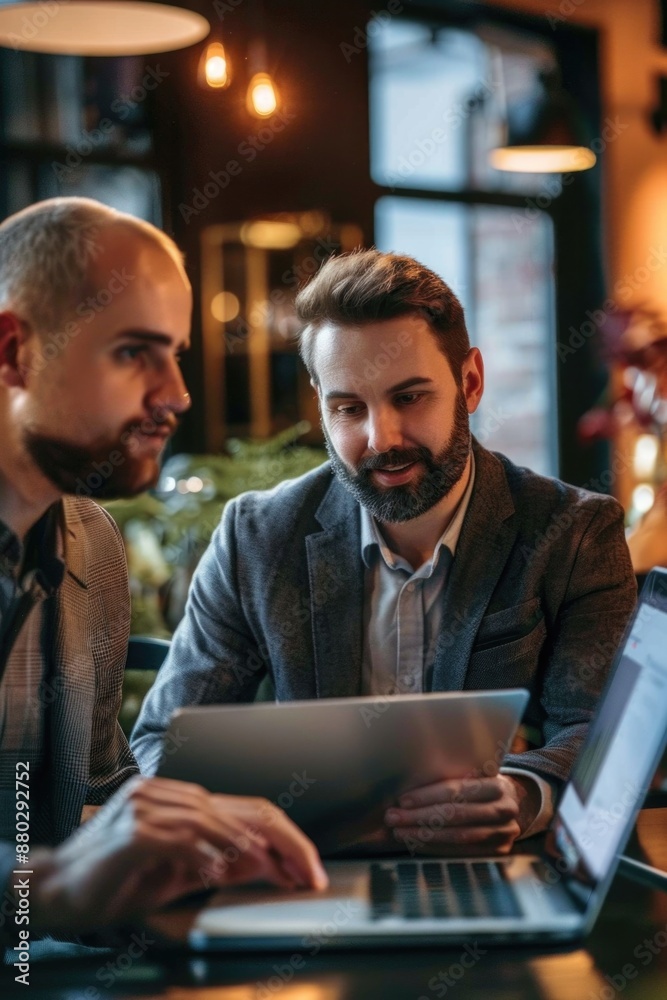Two men sitting at a table looking at a laptop, perfect for an office or work setting Two men sitting at a table looking at a laptop, perfect for an office or work setting