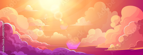 Yellow and pink gradient sky on sunset or sunrise with fluffy clouds in anime style. Cartoon vector illustration of beautiful cloudy landscape scene. Comic manga outdoor evening horizon scenery.