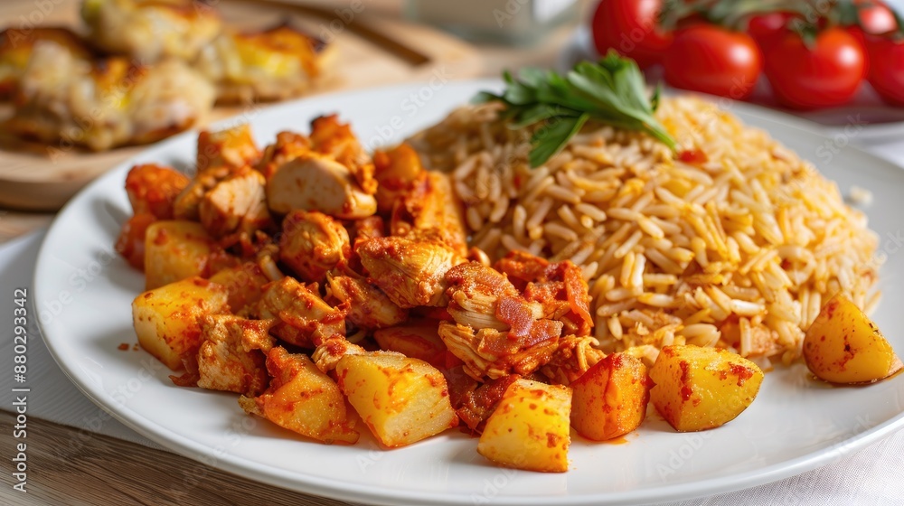 Turkish style rice and chicken with potatoes on a white plate Turkish style rice and chicken with potatoes on a white plate