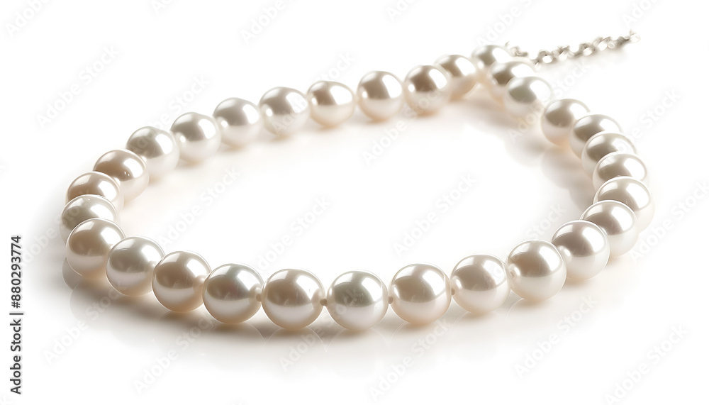 Elegant pearl necklace isolated on white, top view Elegant pearl necklace isolated on white, top view