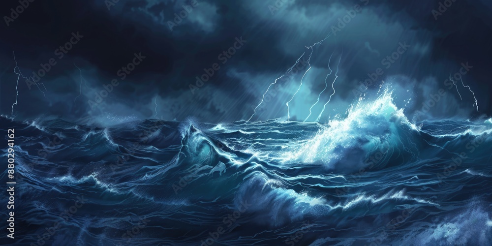 A dramatic painting of the ocean during a thunderstorm, featuring lightning illuminating the dark sky A dramatic painting of the ocean during a thunderstorm, featuring lightning illuminating the dark sky