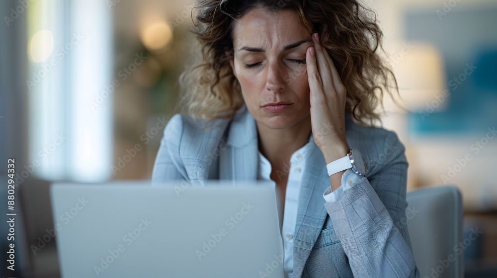 Close-up of a professional woman rubbing tired eyes, soft-focus office setting, highlighting digital fatigue.