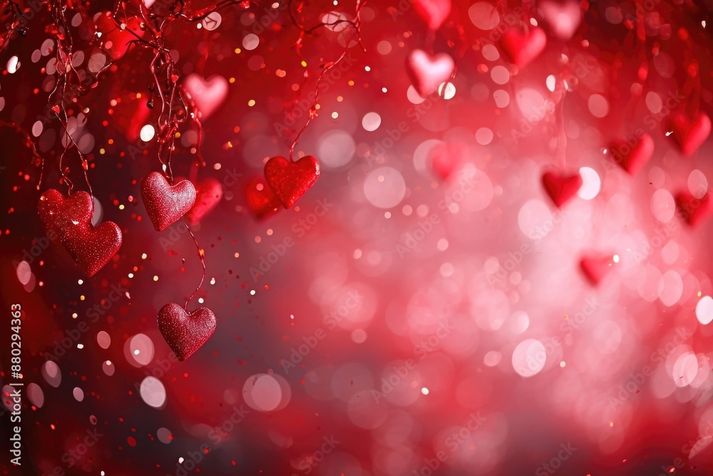 A bunch of red hearts hang from a tree branch, creating a festive and romantic atmosphere