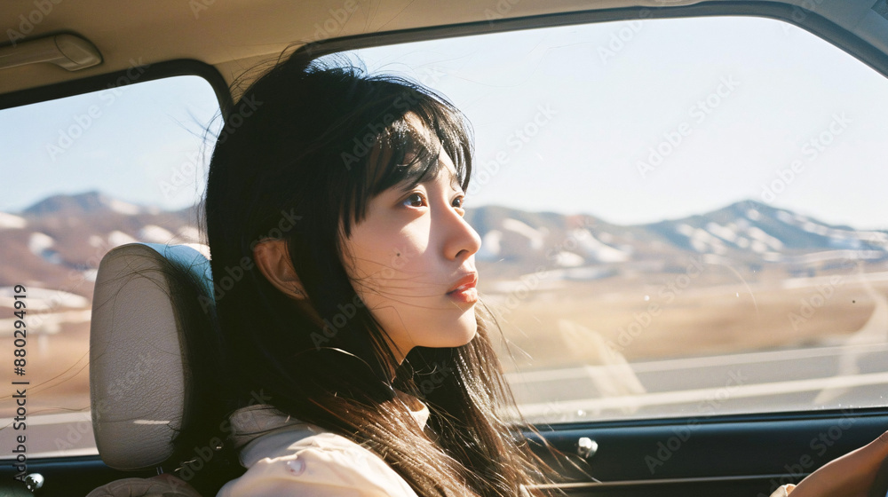 Fototapeta premium 車内で遠くを見つめるナチュラルメイクのアジア人女性.