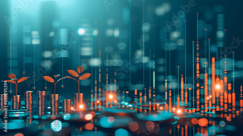 A visual representation of increasing profit growth in business, featuring coins in ascending order with a growing plant. Include upward trending graphs, currency symbols, and corporate development