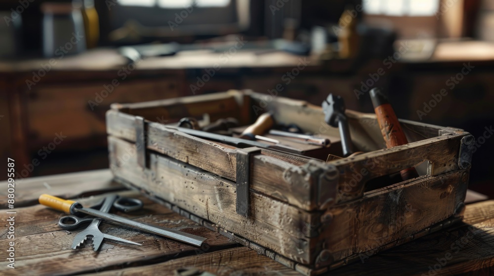 Wooden box filled with various tools sitting on a wooden table, perfect for use in DIY or workshop scenes Wooden box filled with various tools sitting on a wooden table, perfect for use in DIY or workshop scenes