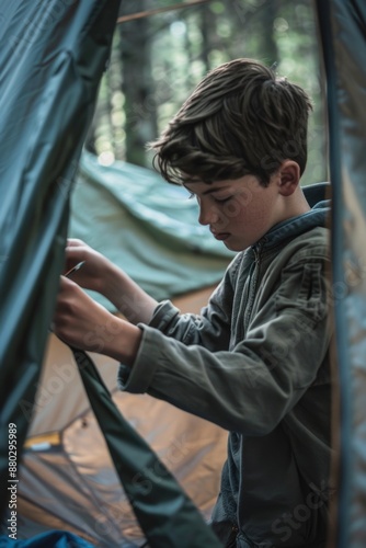 A young boy setting up a tent in the outdoors, great for outdoor adventure or camping scenes