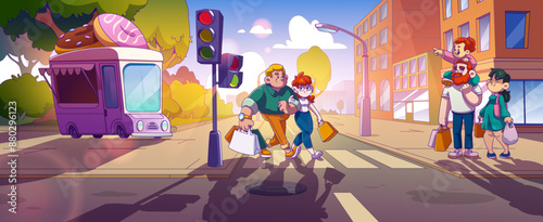 People crossing city street on sunny day. Contemporary vector cartoon illustration of couple with shopping bags, happy family with child walking pedestrian sidewalk, donut trucks in park, urban life