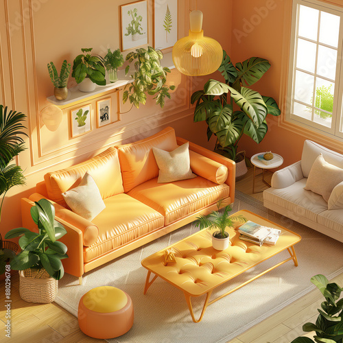 Modern living room in yellow tone with green environment decoration. 3D illustration