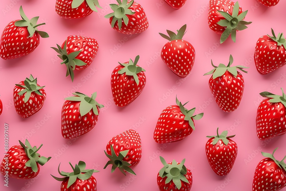3d red strawberries on pink background, top view, pattern, paper craft style, minimalism, simple, flat lay, geometric shapes, symmetry, high resolution photography, texture, hyper realistic, 3d red strawberries on pink background, top view, pattern, paper craft style, minimalism, simple, flat lay, geometric shapes, symmetry, high resolution photography, texture, hyper realistic,