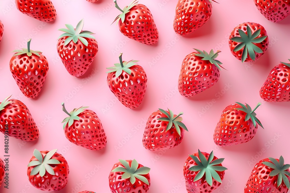 3d red strawberries on pink background, top view, pattern, paper craft style, minimalism, simple, flat lay, geometric shapes, symmetry, high resolution photography, texture, hyper realistic, 3d red strawberries on pink background, top view, pattern, paper craft style, minimalism, simple, flat lay, geometric shapes, symmetry, high resolution photography, texture, hyper realistic,