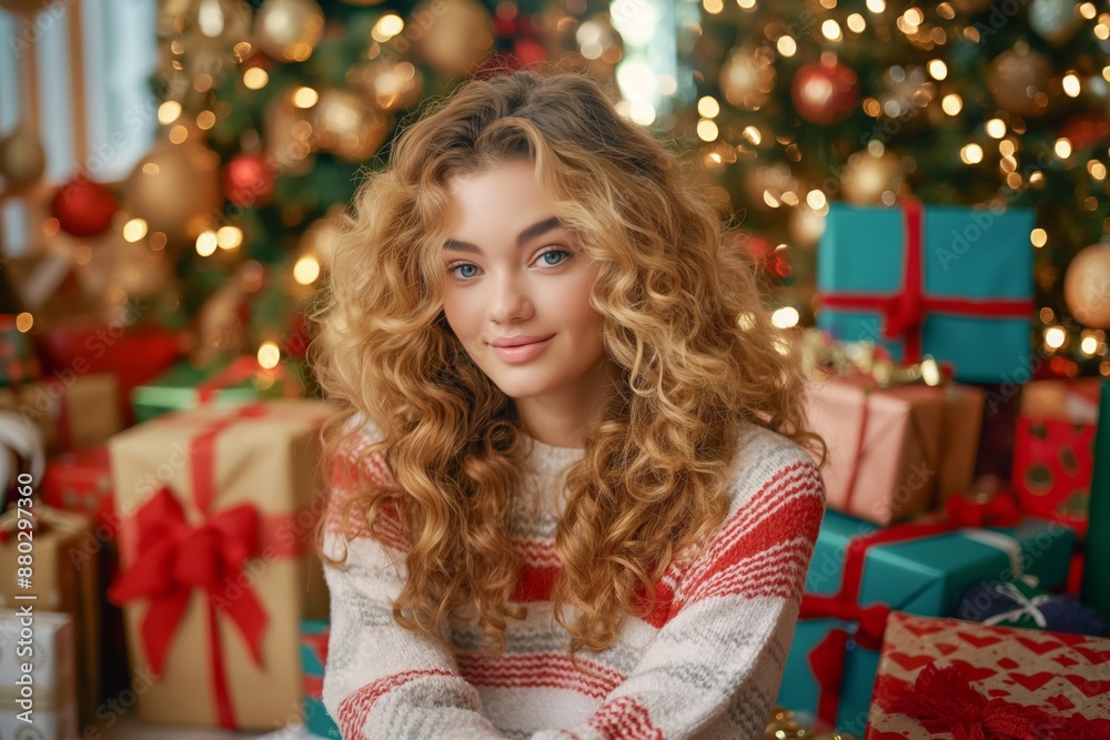 A young girl with long curly blonde hair sitting in front of a pile of Christmas presents A young girl with long curly blonde hair sitting in front of a pile of Christmas presents