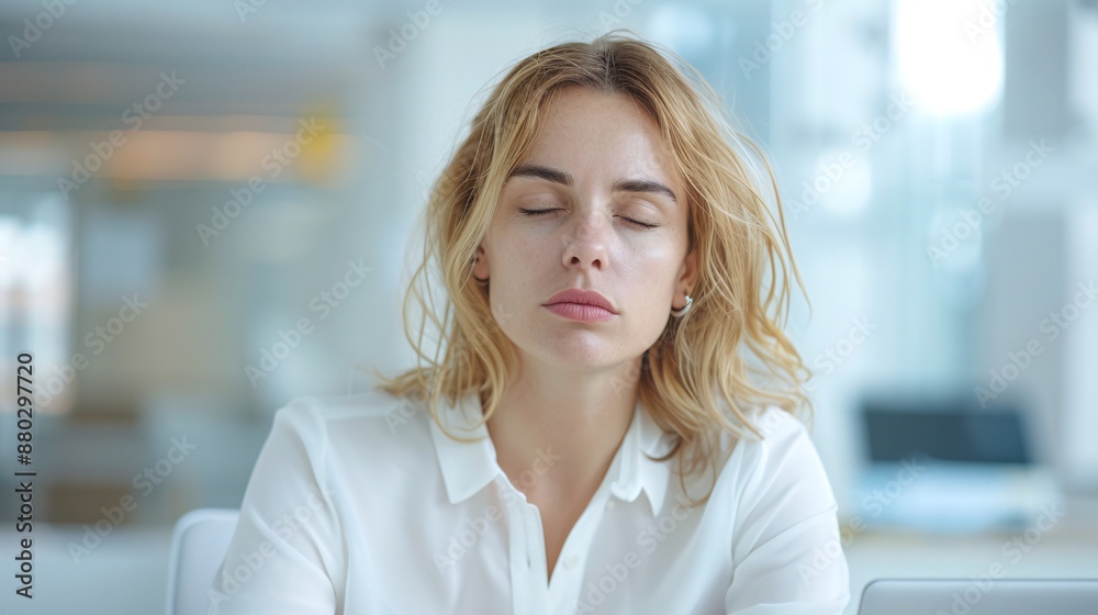 Front view of a woman visibly fatigued and stressed, sitting at her office desk, with a soft-focus background of the workplace. Front view of a woman visibly fatigued and stressed, sitting at her office desk, with a soft-focus background of the workplace.