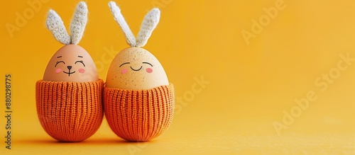 Copy space image featuring two eggs in an orange knitted beanie with rabbit ears and happy faces on a yellow backdrop. photo