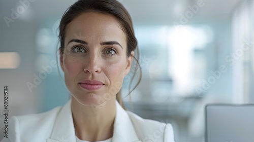 Free Download High-angle view of a professional woman with a stressed expression, soft-focus office environment, conveying the strain of computer work. - GFXLoad