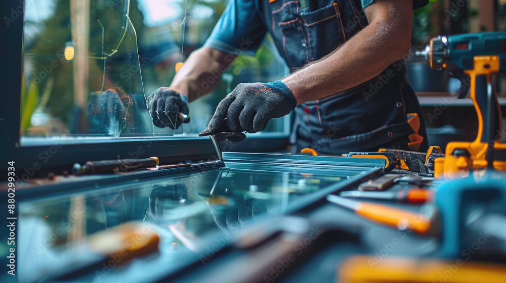 Skilled Worker Installing Window Glass with Precision Tools in a Modern Workshop Skilled Worker Installing Window Glass with Precision Tools in a Modern Workshop