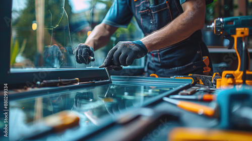 Skilled Worker Installing Window Glass with Precision Tools in a Modern Workshop