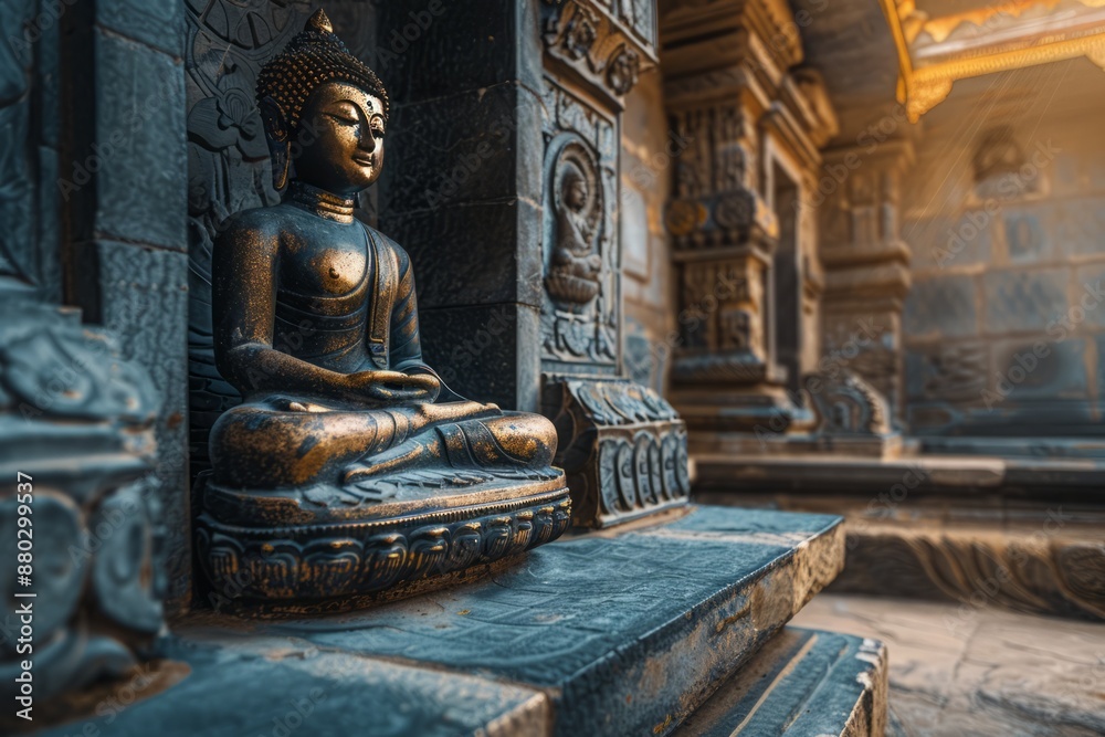 A golden Buddha statue in a quiet corner of a temple, with intricate carvings on the walls. A golden Buddha statue in a quiet corner of a temple, with intricate carvings on the walls.