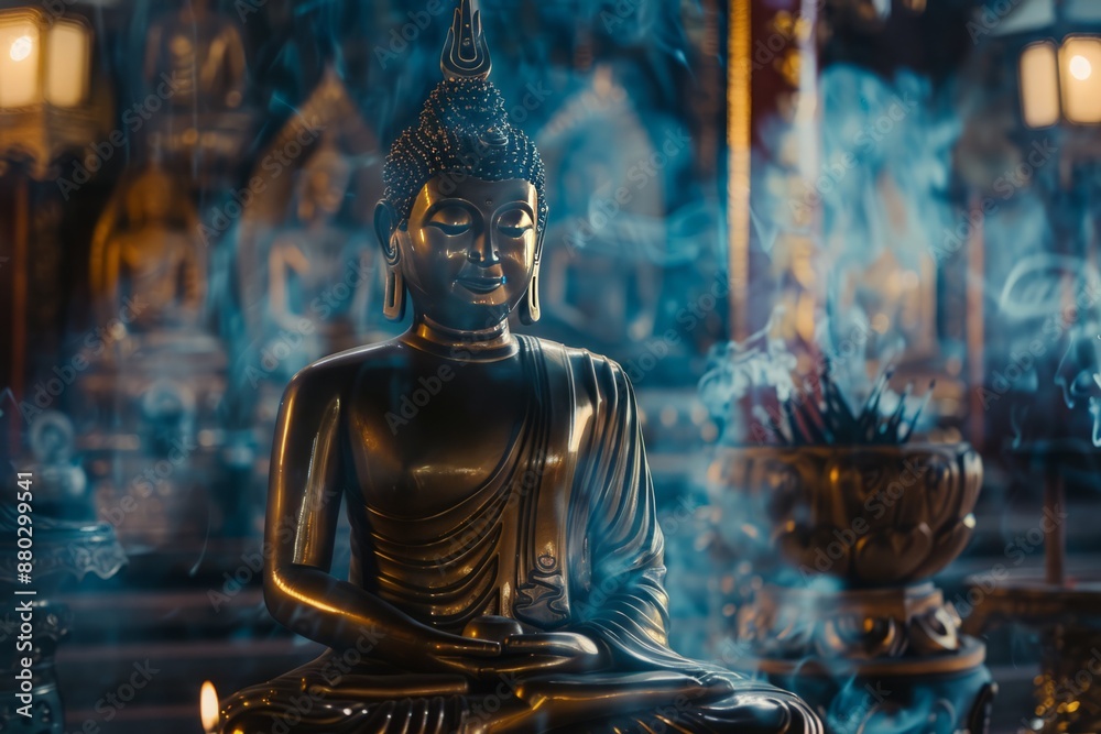 A golden Buddha statue in a temple, with incense smoke swirling in the air A golden Buddha statue in a temple, with incense smoke swirling in the air