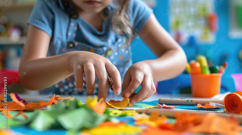 Fototapeta premium Child Engaged in Creative Art Project with Colorful Paper Cutouts in a Vibrant Classroom Setting