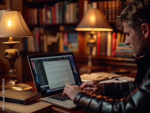 A content writer drafts engaging articles on a sleek laptop in a warm home office