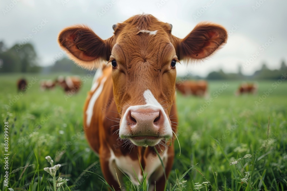 Brown cow standing in a lush green meadow, facing the camera directly Brown cow standing in a lush green meadow, facing the camera directly