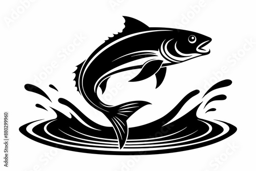 Black silhouette A fish jumping out of the water ripple vector art illustration with splash white background