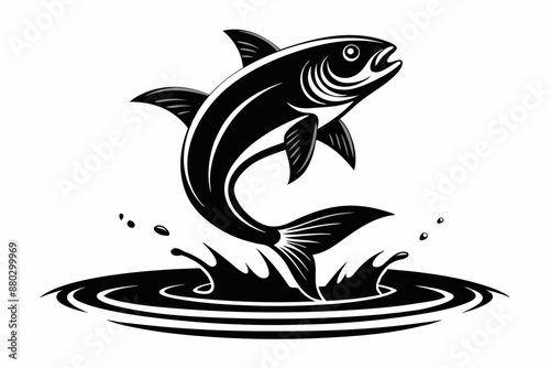 Black silhouette A fish jumping out of the water ripple vector art illustration with splash white background