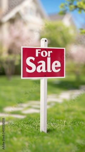 a sign board in red with text For Sale sign in front of a beautiful home on a sunny day, with a bokeh background and green grass